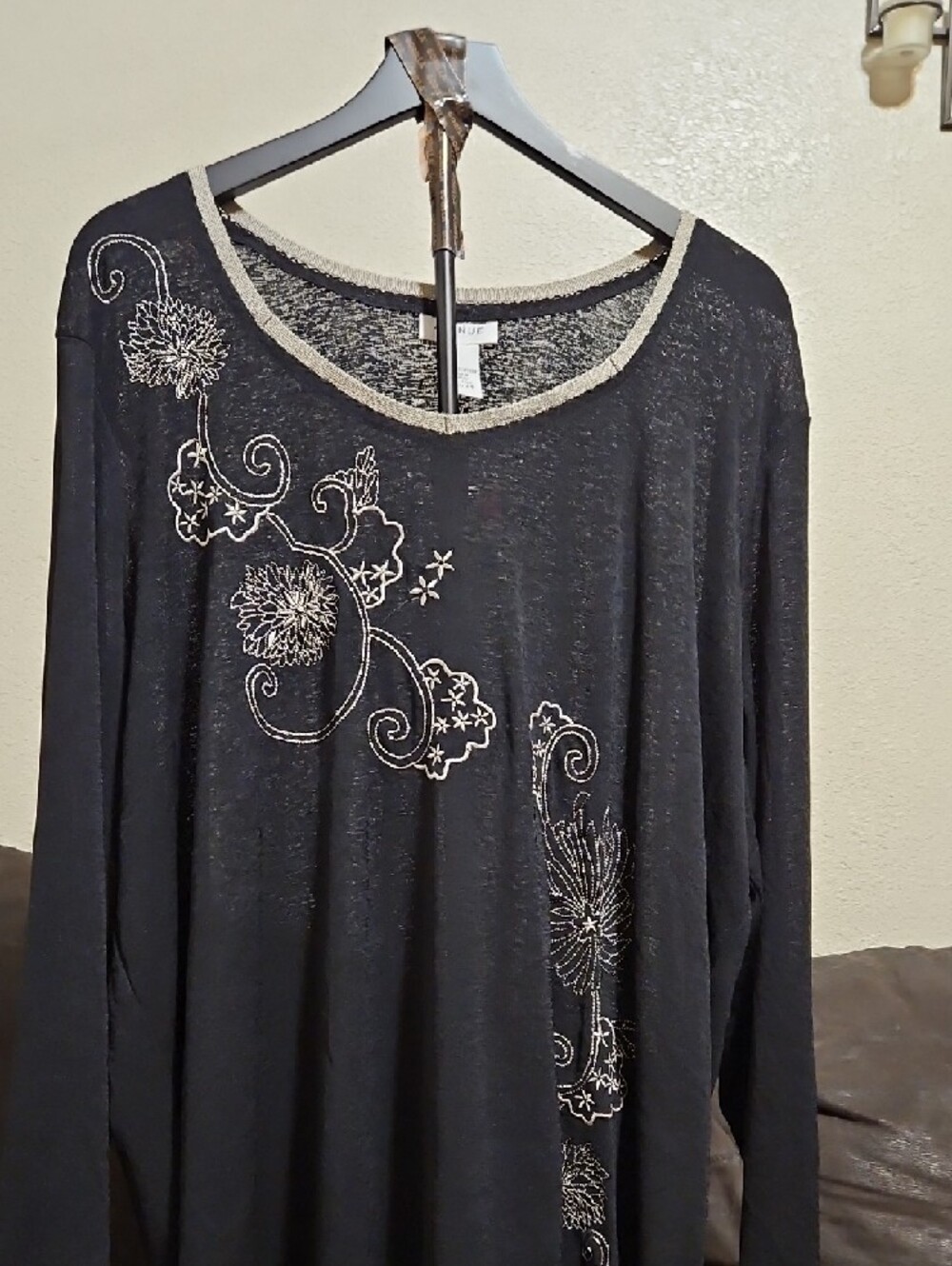 Avenue Black Long Sleeve Top with Cream Embroidery Trim - Picture 3 of 8
